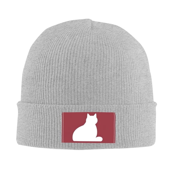 LNWH Knitted Acrylic Hat, Minimalist White Cat Pattern Winter Beanie Hat for Cold Weather, Gray