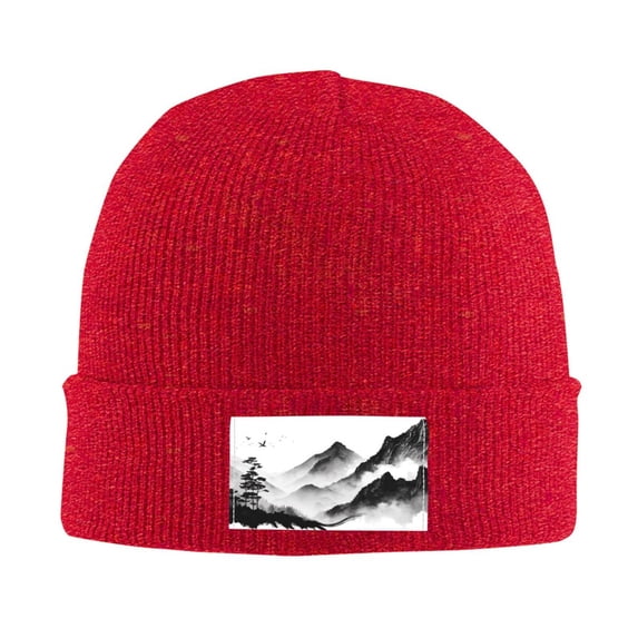 LNWH Knitted Acrylic Hat, Mountain Ink Painting Pattern Winter Beanie Hat for Cold Weather, Red
