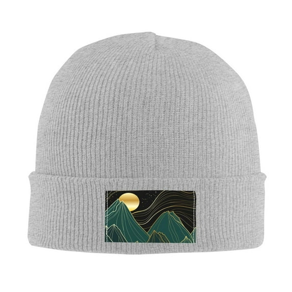 LNWH Knitted Acrylic Hat, Mountain Landscape Linear Background Pattern Winter Beanie Hat for Cold Weather, Gray