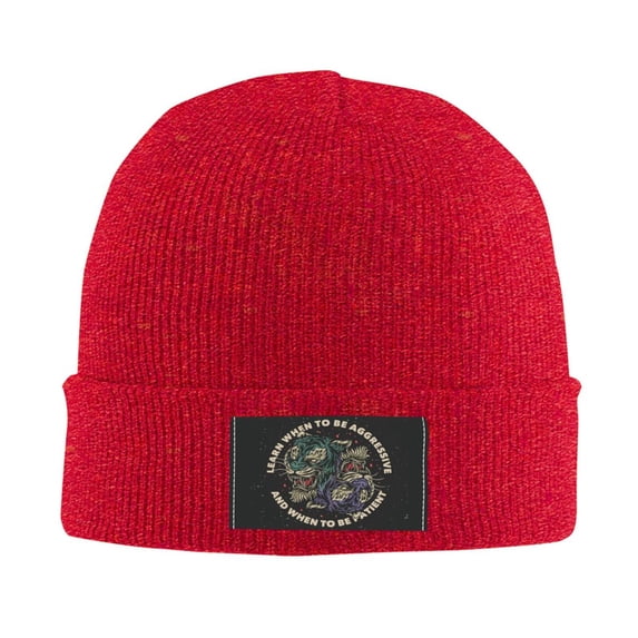 LNWH Knitted Acrylic Hat, Tiger Slogan Aggressive and Patient Pattern Winter Beanie Hat for Cold Weather, Red