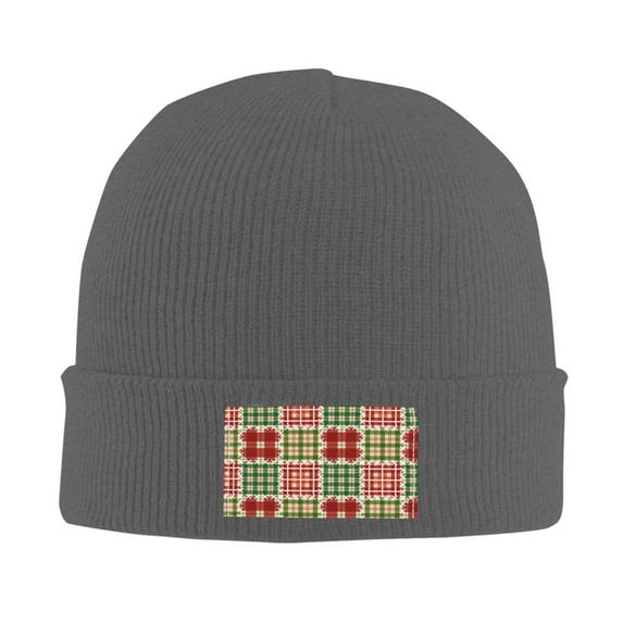 LNWH Knitted Acrylic Hat, Vintage Christmas Plaid Abstract Pattern Winter Beanie Hat for Cold Weather, Deep Heather