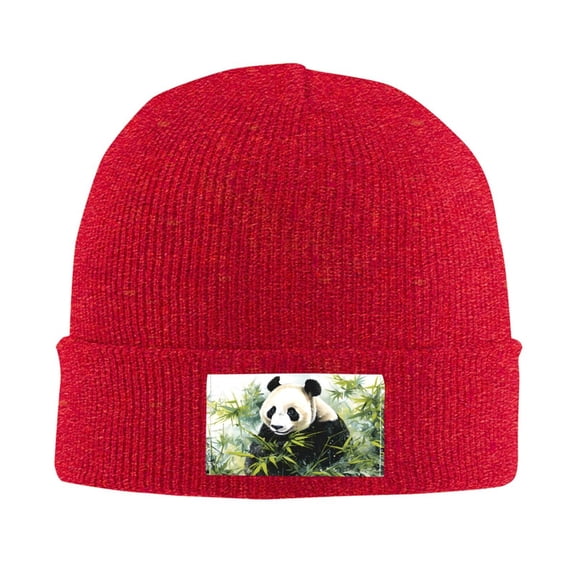 LNWH Knitted Acrylic Hat, Watercolor Panda Illustration Art Pattern Winter Beanie Hat for Cold Weather, Red
