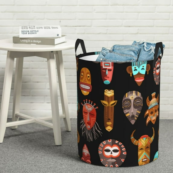 LNWH Laundry Basket, African Ethnic Tribal Masks Art Pattern Foldable Laundry Hamper with Handles Waterproof, Medium Size