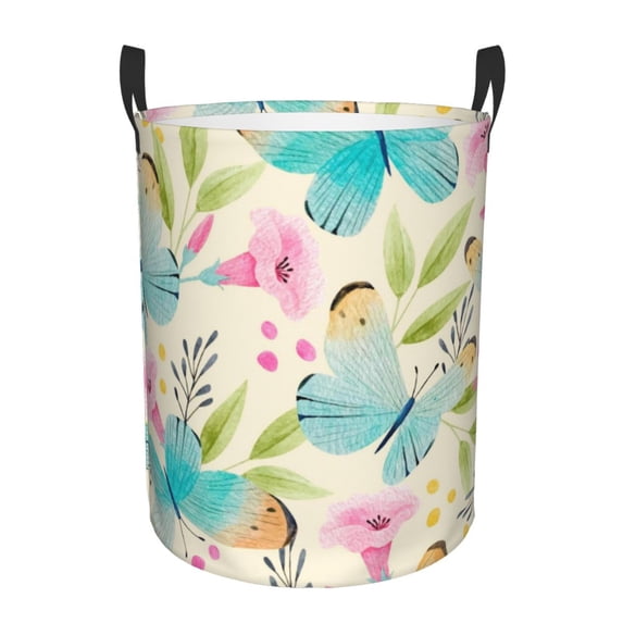 LNWH Laundry Basket, Butterflies Cartoon Art Pattern Foldable Laundry Hamper with Handles Waterproof, Small Size