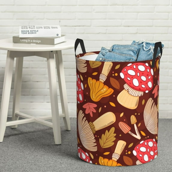 LNWH Laundry Basket, Cartoon Harvest Mushroom Pattern Foldable Laundry Hamper with Handles Waterproof, Small Size