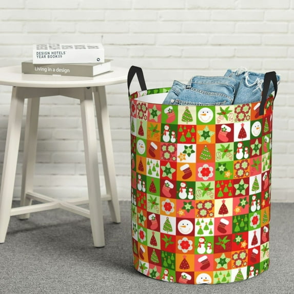 LNWH Laundry Basket, Christmas Checker Elements Art Pattern Foldable Laundry Hamper with Handles Waterproof, Medium Size