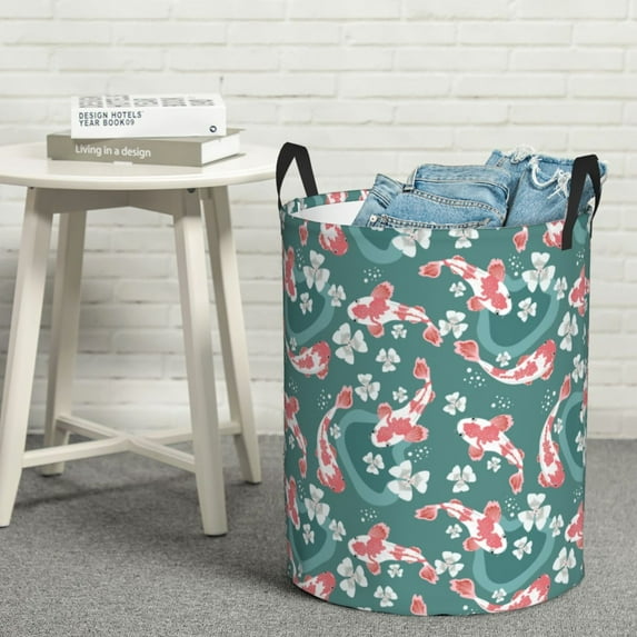 LNWH Laundry Basket, Cute Carp Floral Doodle Art Pattern Foldable Laundry Hamper with Handles Waterproof, Small Size