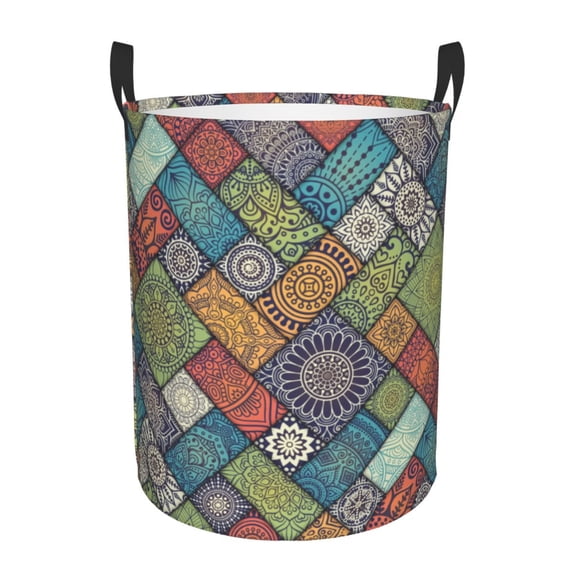 LNWH Laundry Basket, Diagonal Floral Tiles Art Pattern Foldable Laundry Hamper with Handles Waterproof, Medium Size