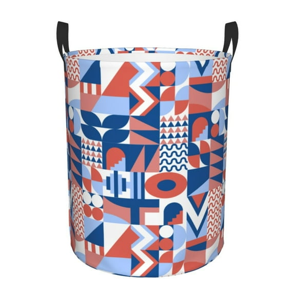 LNWH Laundry Basket, Flat Color Blue Block Pattern Foldable Laundry Hamper with Handles Waterproof, Small Size