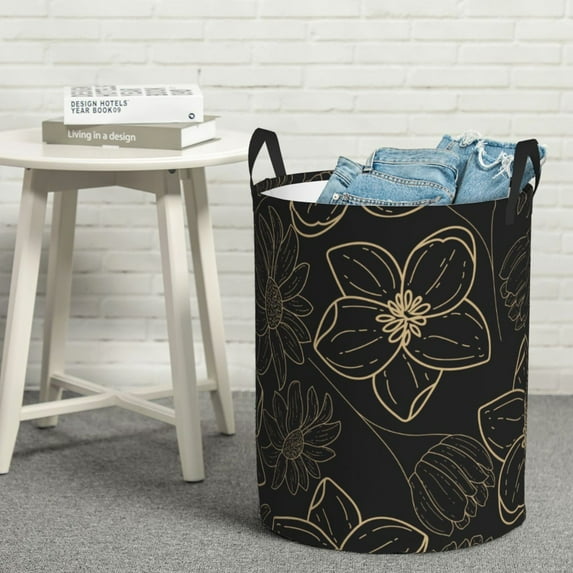 LNWH Laundry Basket, Golden Line Floral Texture Pattern Foldable Laundry Hamper with Handles Waterproof, Medium Size