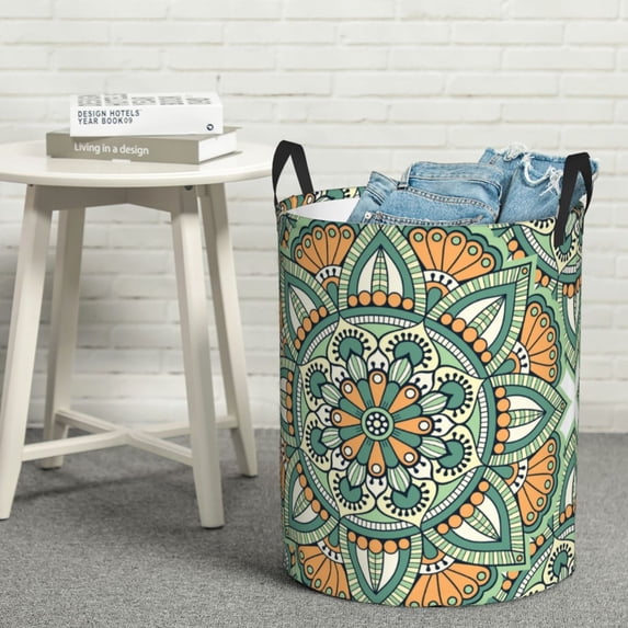 LNWH Laundry Basket, Green Abstract Mandala Texture Pattern Foldable Laundry Hamper with Handles Waterproof, Medium Size