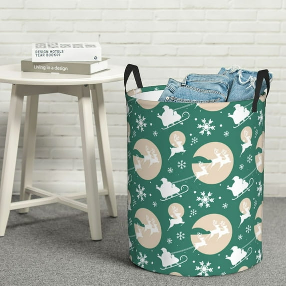 LNWH Laundry Basket, Green Santa Elk Doodle Pattern Foldable Laundry Hamper with Handles Waterproof, Small Size