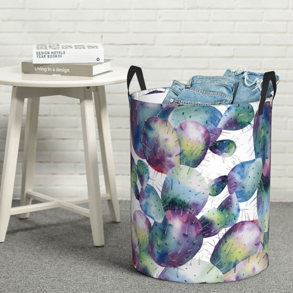 LNWH Laundry Basket, Green Watercolor Cactus Art Pattern Foldable Laundry Hamper with Handles Waterproof, Medium Size