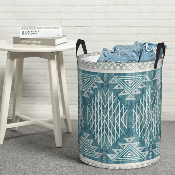 LNWH Laundry Basket, Indian Blue Geometric Ethnic Art Pattern Foldable Laundry Hamper with Handles Waterproof, Medium Size