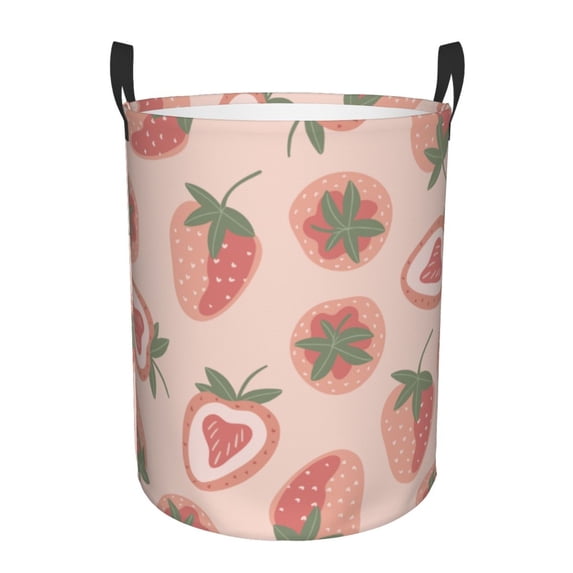 LNWH Laundry Basket, Pink Doodle Strawberries Pattern Foldable Laundry Hamper with Handles Waterproof, Medium Size