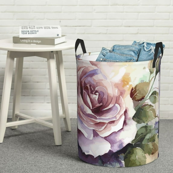 LNWH Laundry Basket, Purple Vintage Watercolor Rose Art Pattern Foldable Laundry Hamper with Handles Waterproof, Small Size