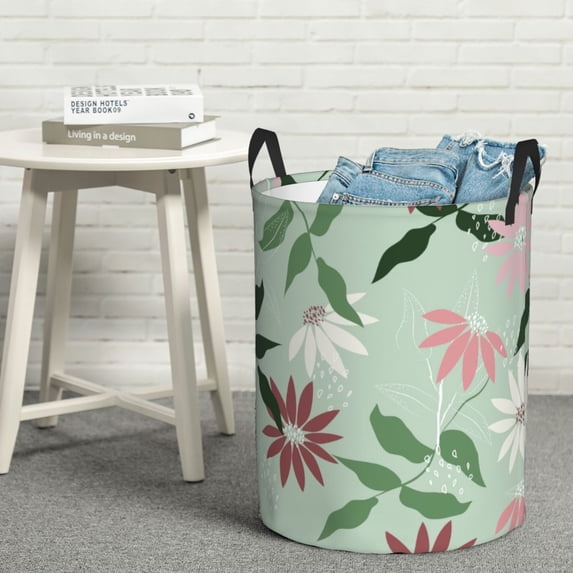 LNWH Laundry Basket, Seamless Floral Flowers Pattern Foldable Laundry Hamper with Handles Waterproof, Small Size