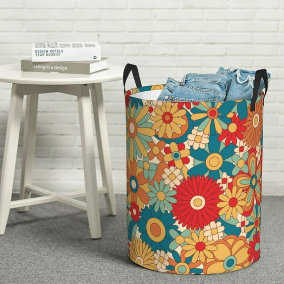 LNWH Laundry Basket, Vintage Abstract Floral Pattern Foldable Laundry Hamper with Handles Waterproof, Small Size