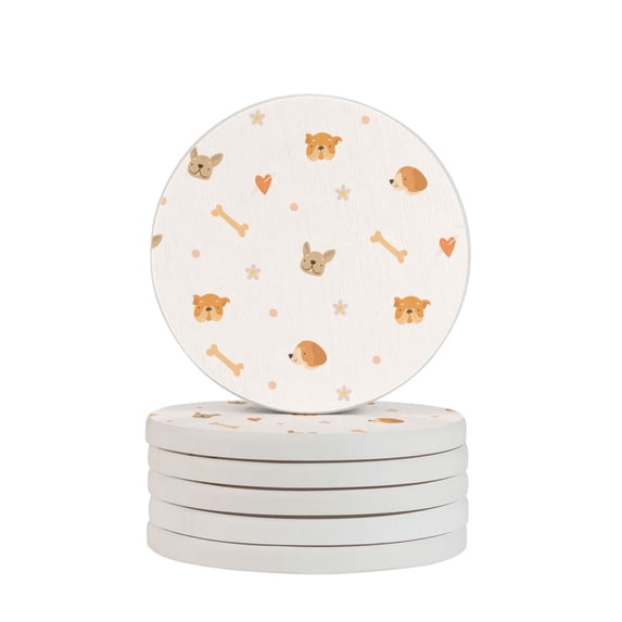 LNWH Non-Slip Decorative Drink Coasters, Absorbent Cute Dog Faces and Bones Cartoon Pattern Drink Mats, 6PCS
