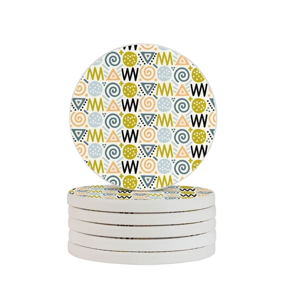 LNWH Non-Slip Decorative Drink Coasters, Absorbent Retro Flat Doodle Abstract Pattern Drink Mats, 6PCS