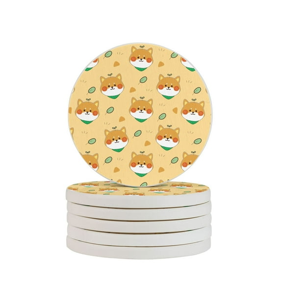LNWH Non-Slip Decorative Drink Coasters, Absorbent Shiba Inu Dog and Leaves Seamless Pattern Drink Mats, 6PCS