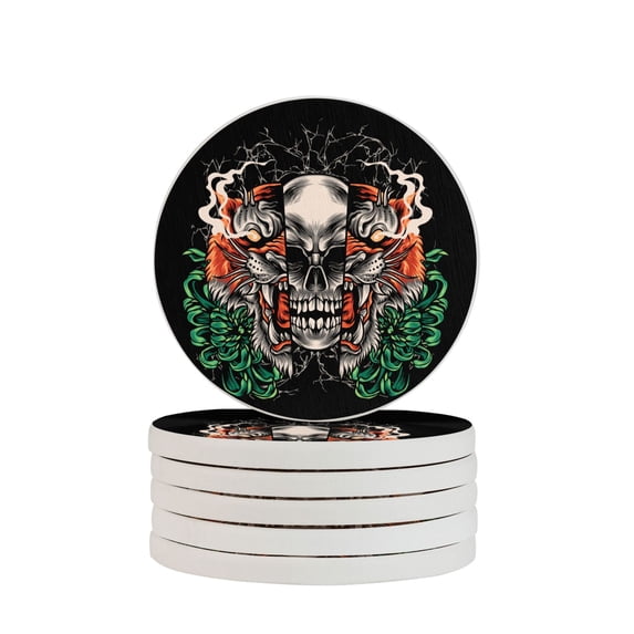 LNWH Non-Slip Decorative Drink Coasters, Absorbent Tiger Skull Art Pattern Drink Mats, 6PCS