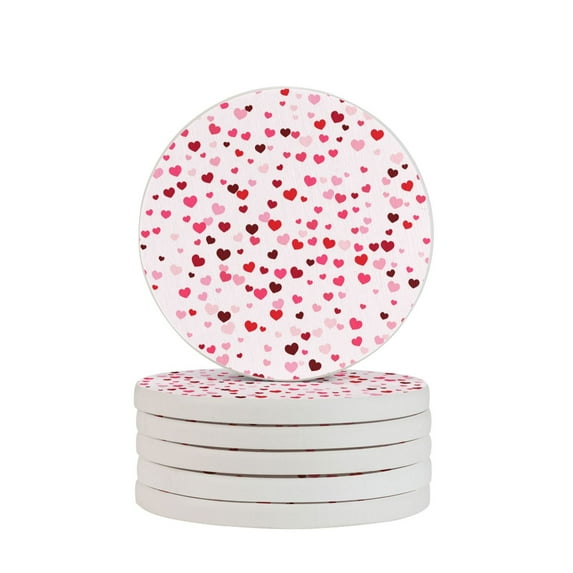 LNWH Non-Slip Decorative Drink Coasters, Absorbent Valentines Day Pink Love Heart Pattern Drink Mats, 6PCS