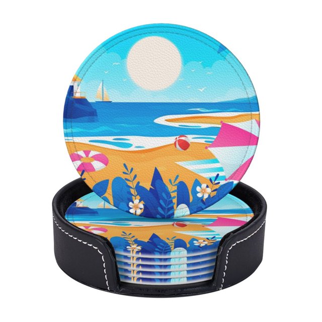 LNWH NonSlip Decorative Drink Coasters, Blue Casual Beach Pattern