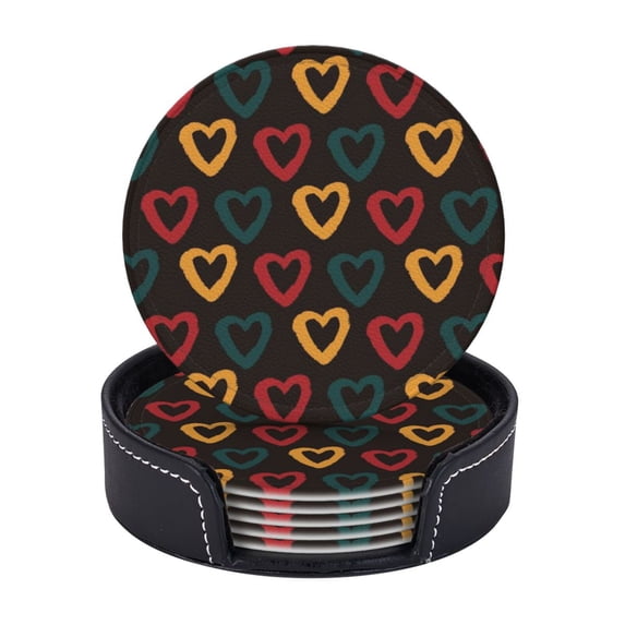 LNWH Non-Slip Decorative Drink Coasters, Modern Geometric Black Doodle Pattern Drink Mats with Holder, 6Pcs
