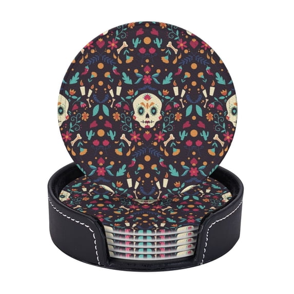 LNWH Non-Slip Decorative Drink Coasters, Traditional Day Of The Dead Skull Pattern Drink Mats with Holder, 6Pcs