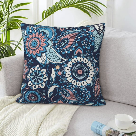LNWH Paisley Floral Blue Ethnic Throw Pillow Covers, Square Soft Linen Decorative Pillow Cases, 20"x20" Inch