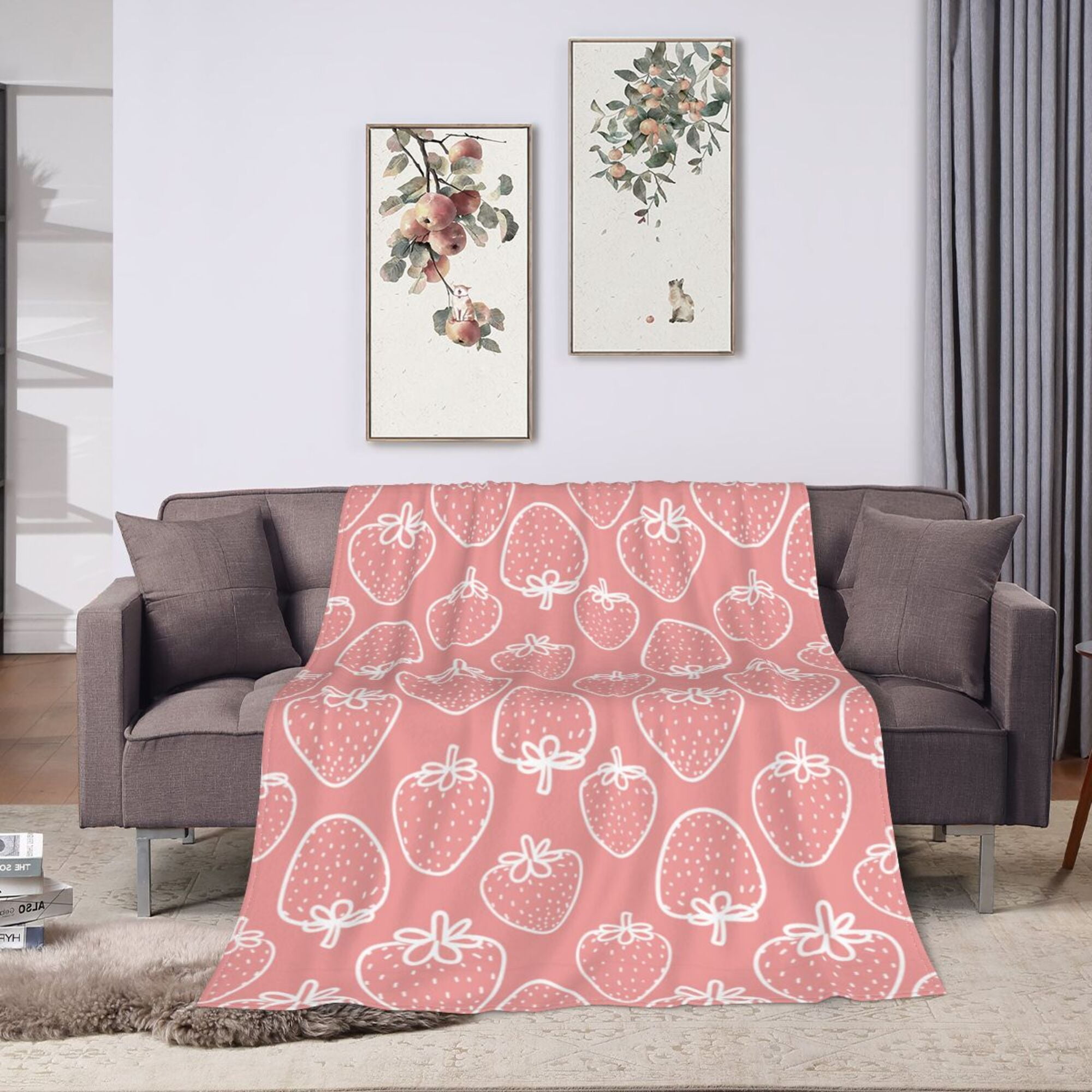LNWH Pink Strawberry Print Art Pattern Throw Blanket, Fluffy Soft Cozy Bed Flange Plush Blankets