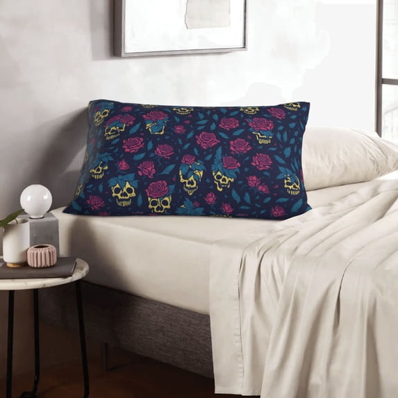 LNWH Rectangle Pillow Cover, Cartoon Skulls Roses Blue Cushion Covers Pillowcase for Couch Bedroom Sofa, 16"x24"
