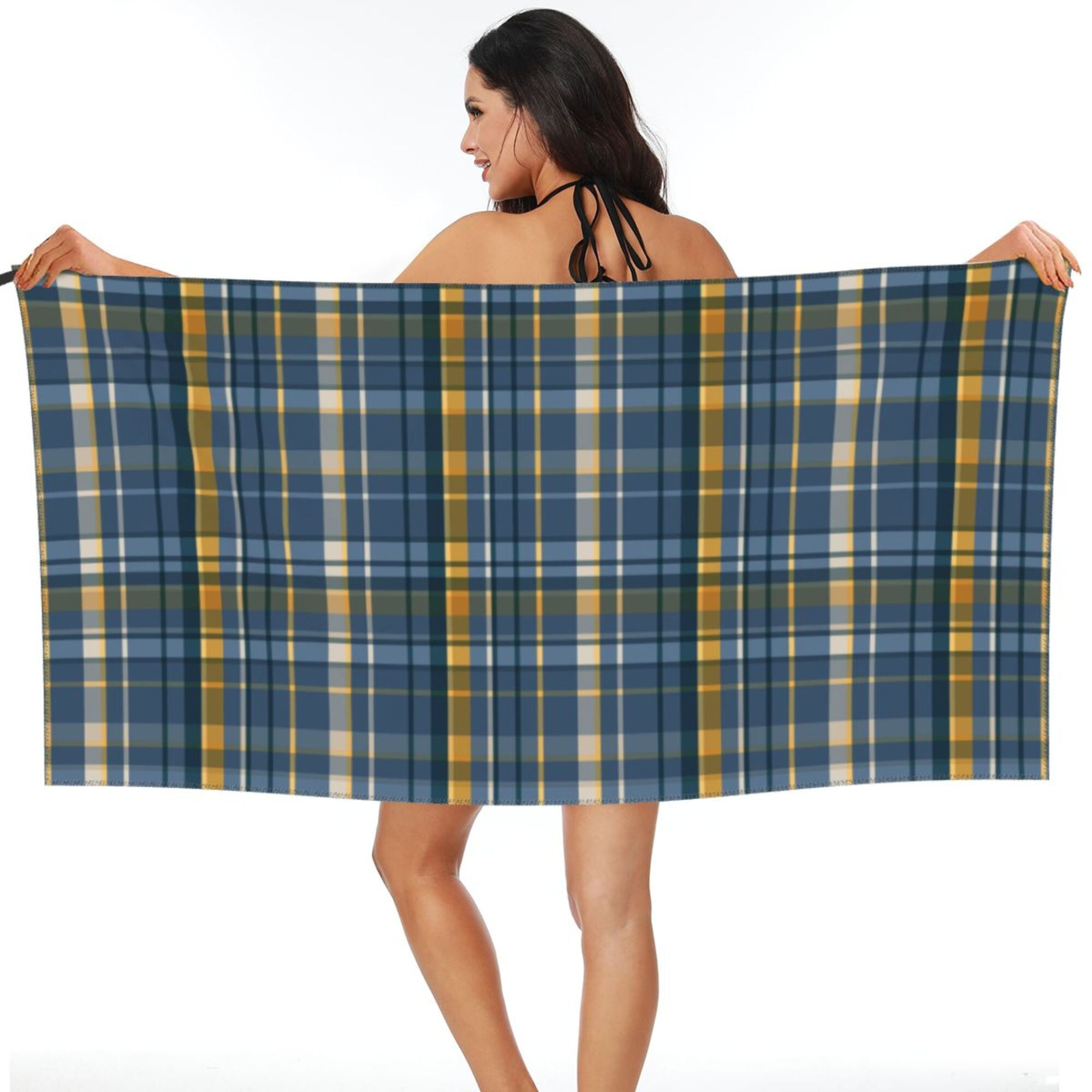 LNWH Scottish Checkered Blue Seamless Pattern Sandless Beach Towel, Travel QuickDrying