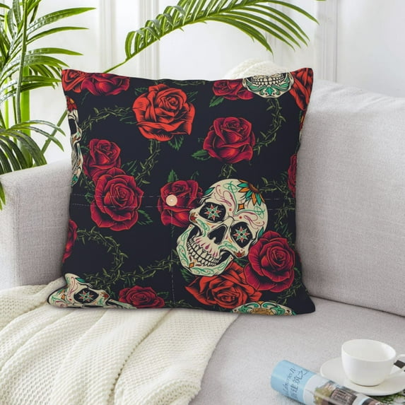 LNWH Skull Arounding Rose Throw Pillow Covers, Square Soft Linen Decorative Pillow Cases, 16"x16" Inch