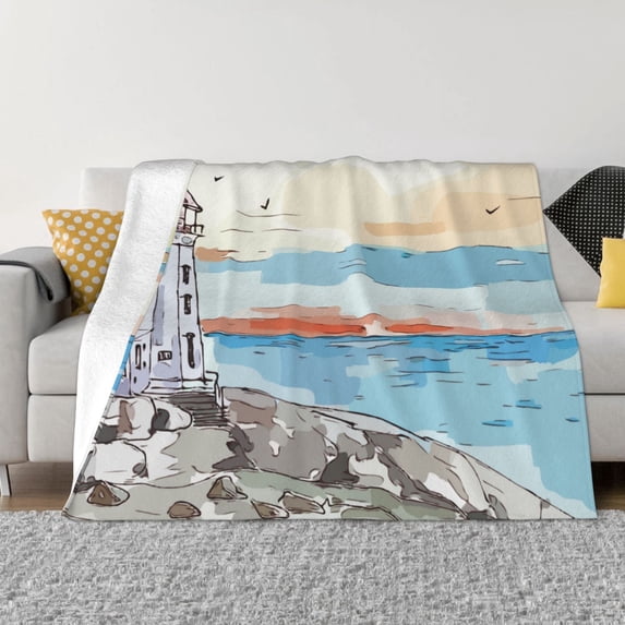 LNWH Super Soft Flannel Bed Blanket, Cozy Fluffy Warm All Seasons Lighthouse Milestone Watercolor Painting Pattern Throw Blankets for Sofa Bedding, 40"x30"