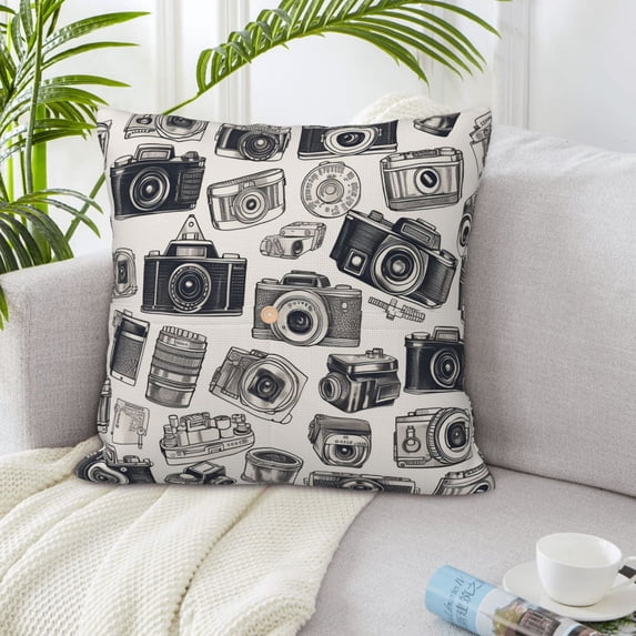 LNWH Vintage Cartoon Camera Throw Pillow Covers, Square Soft Linen Decorative Pillow Cases, 16"x16"