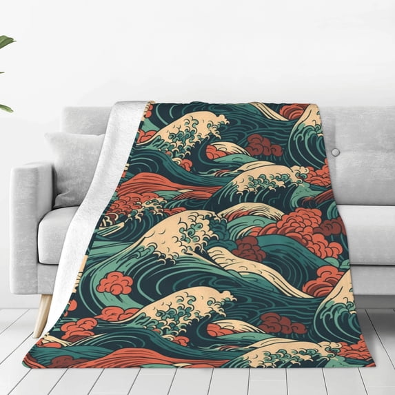 LNWH Vintage Japanese Crashing Wave Pattern Throw Blanket, Flannel Sofa Blankets for All Seasons, 40"x30"