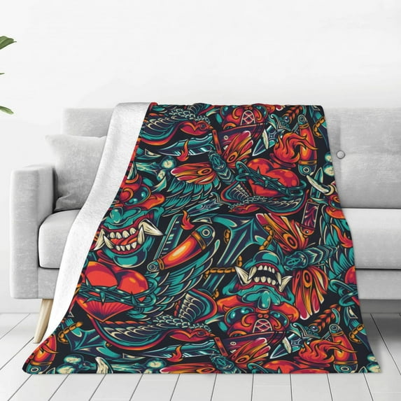 LNWH Vintage Tattoos Colorful Seamless Pattern Throw Blanket, Flannel Sofa Blankets for All Seasons, 50"x40"