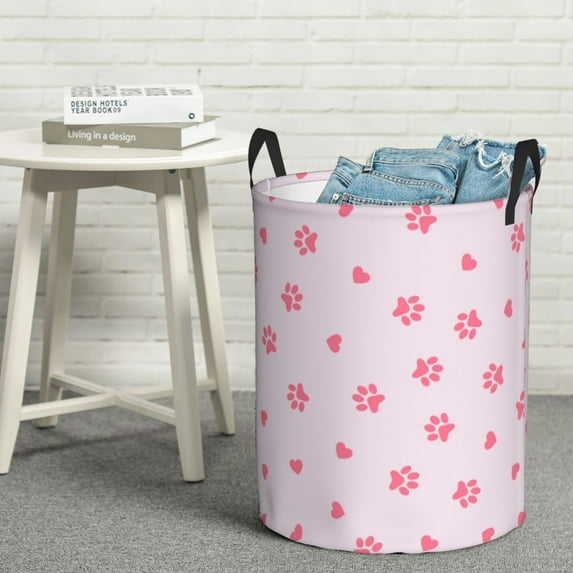 LNWH Waterproof Laundry Basket with Handles, Cartoon Dog or Cat Paw with Heart Pattern Foldable Laundry Hamper, Medium Size