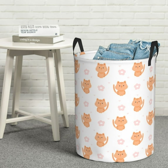 LNWH Waterproof Laundry Basket with Handles, Cartoon Flower Pet Cat Seamless Pattern Foldable Laundry Hamper, Medium Size
