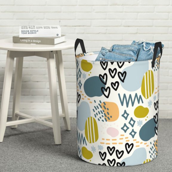 LNWH Waterproof Laundry Basket with Handles, Retro Abstract Doodle Style Pattern Foldable Laundry Hamper, Small Size