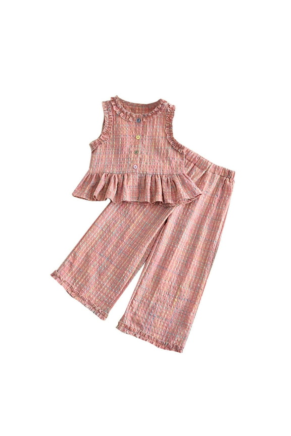 (2-10 Years ) Girls Sleeveless Plaid Round Neck Cardigan Chambray Vest Wide Leg Pants Round Neck Vest Set Pink 4 Years