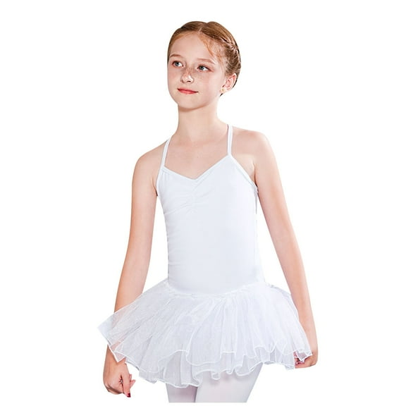 LNWUY (2-13 Years) Children's Dance Dress Girls Toddler Gymnastics Practice Clothes Children's Performance Clothes Bustle Skirt White 140