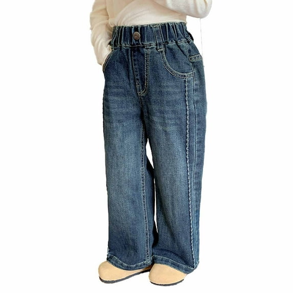LNWUY 2-9 Years Spring and Autumn Girls Double Pocket Jeans Trousers Small and Medium Children's Casual Outerwear Pants Denim Trousers Dark Blue 3 Years