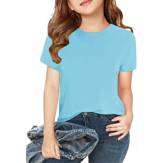 LNWUY 2 Pc Boys Girls Cotton Short Sleeve Shirts with Round Neck Solid T-Shirt Soft Basic Tees Kids Comfy Breathable Athletic Tops Blue 11 Years