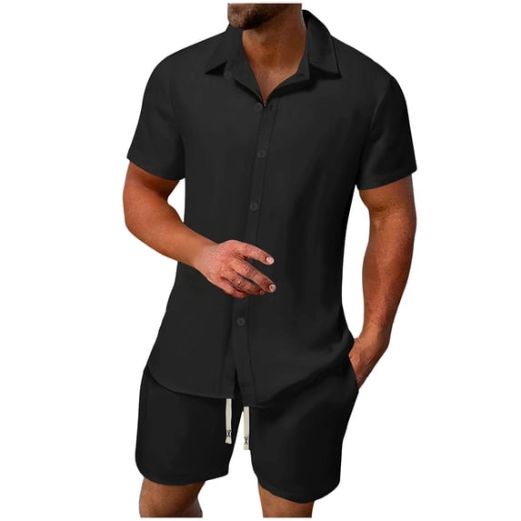 LNWUY 2 Piece Short Sets for Men Summer Beach Outfits Solid Color Button Down Shirts and Shorts Casual Vacation Set Black M