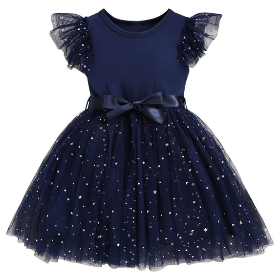 LNWUY (3-10Years) Girls Fashion Cute Star Glitter Solid Color Mesh Fly Sleeve Dress Princess Dresses Navy 7 Years