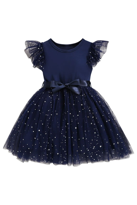 (3-10Years) Girls Fashion Cute Star Glitter Solid Color Mesh Fly Sleeve Dress Princess Dresses Navy 9 Years