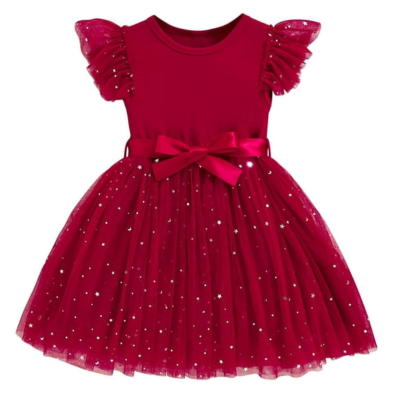 LNWUY (3-10Years) Girls Fashion Cute Star Glitter Solid Color Mesh Fly Sleeve Dress Princess Dresses Red 4 Years